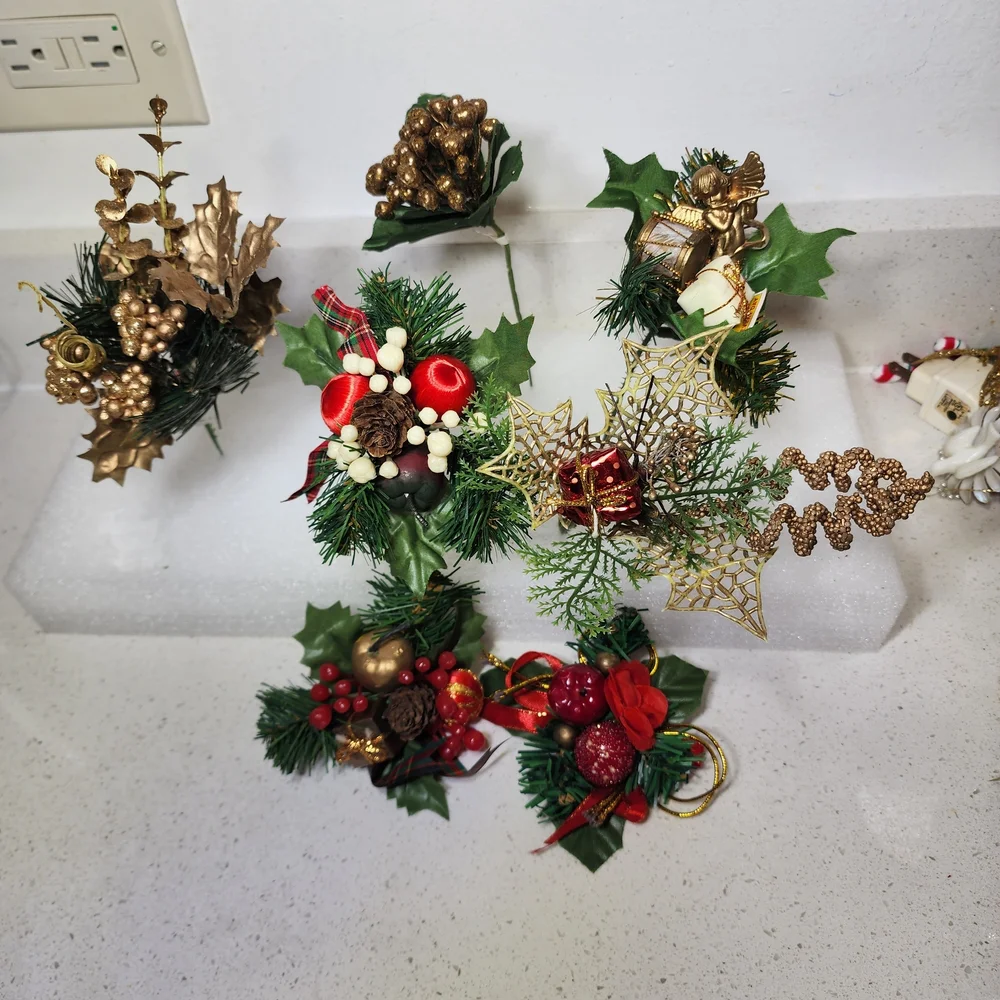 Vintage Floral Holiday Ornament Set with Gold and Red Accents 7 Pieces